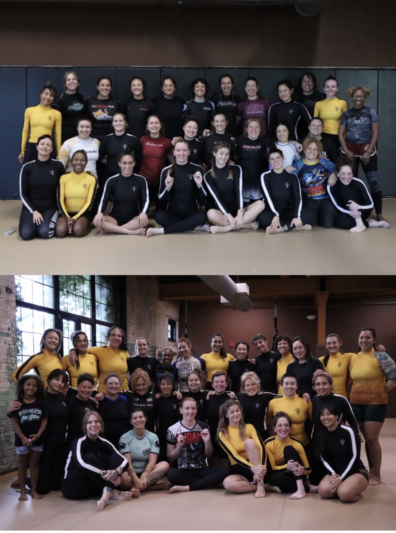 Two group photos from the Warrior In The Garden 3.0 women’s no-gi camp, around thirty women in black and gold rashguards gathered together on the mats.